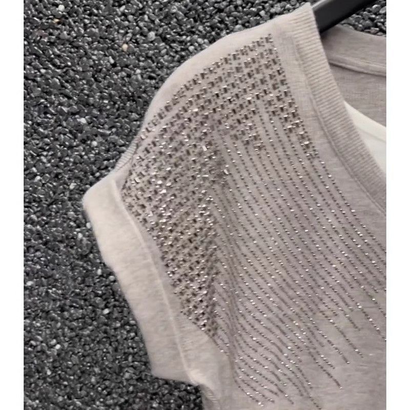 燙鑽撞色假兩件氣質V領T恤女夏季洋氣重工收腰顯瘦小香風上衣