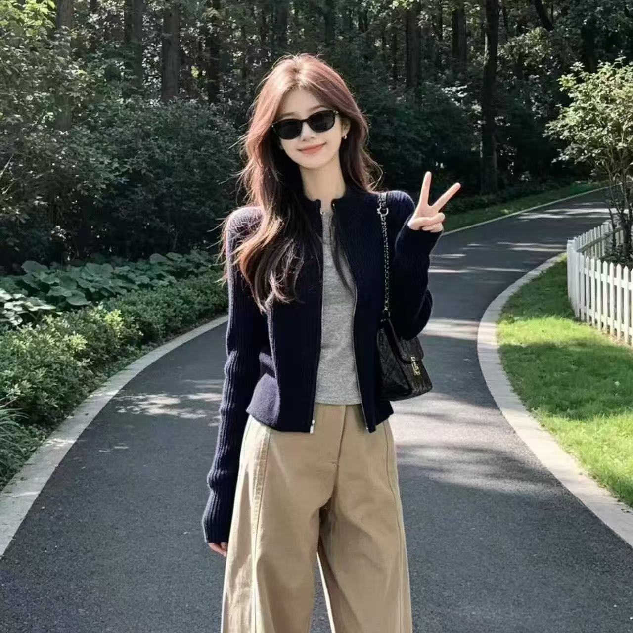 佑詩老錢風立領簡約短款氣質顯瘦拉鏈針織外套