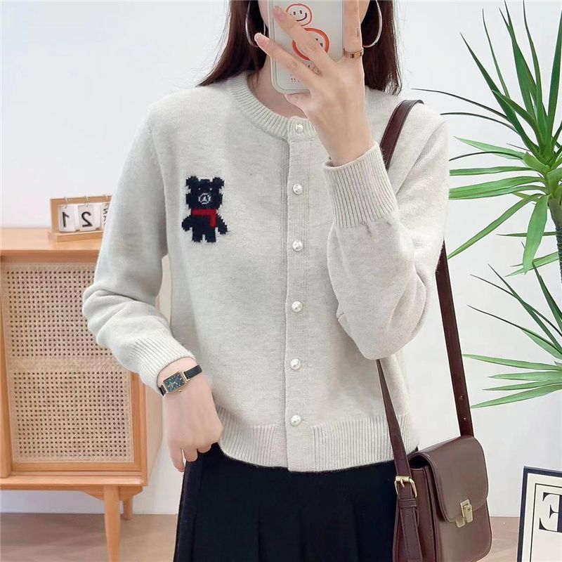 韓版百搭圓領紅色毛衣外套小熊針織開衫