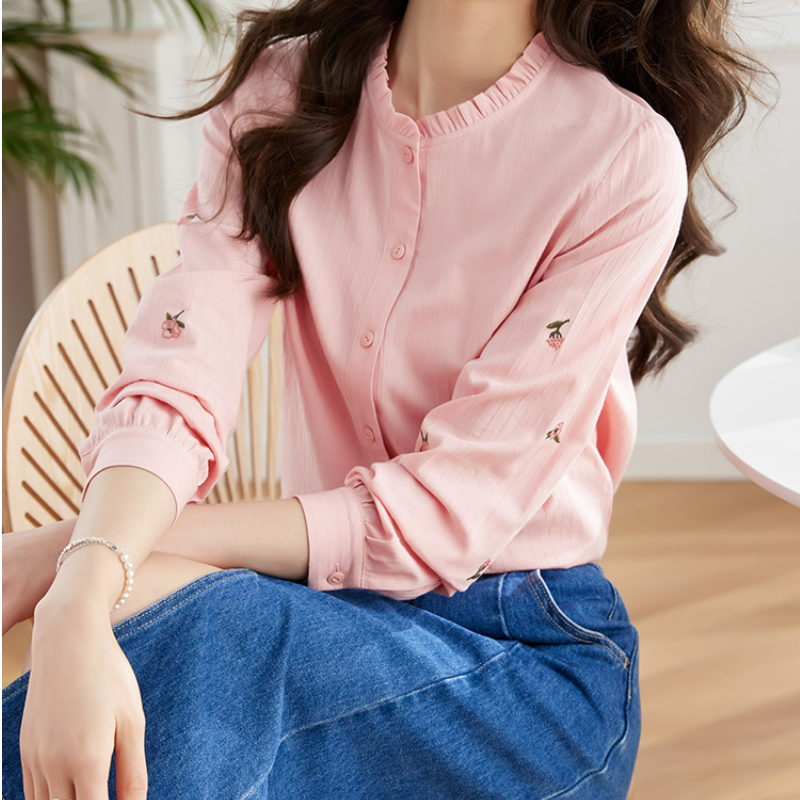 法式木耳邊立領氣質刺繡長袖襯衫-Cicimode