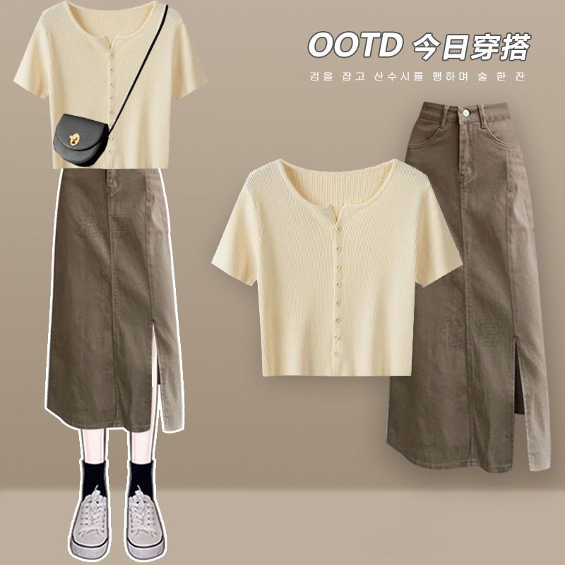 【套裝】休閒百搭潮流短袖V領+顯瘦牛仔半身裙兩件套裝-Cicimode