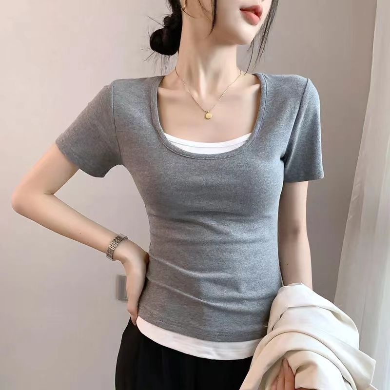 純棉U領假兩件顯瘦撞色拼接收腰短袖T恤