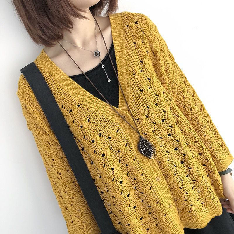 7色鏤空大碼顯瘦網眼長袖針織衫開衫-Cicimode