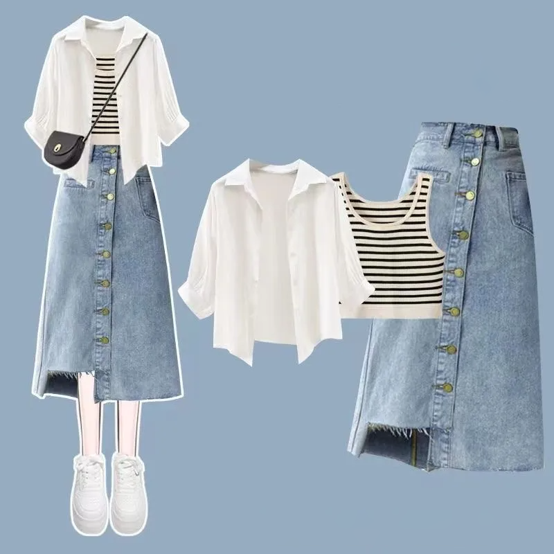 【整套】百搭簡約休閒氣質襯衫+背心+牛仔半身裙三件套裝-Cicimode