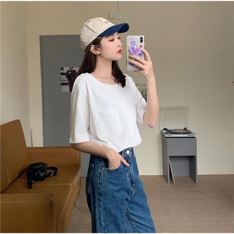 港風純棉寬鬆圓領開叉遮臀中長版短袖T恤