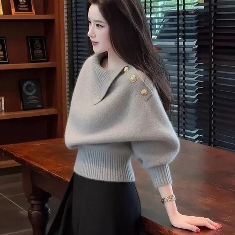 高級感韓系慵懶可外穿不規則翻領針織毛衣-Cicimode