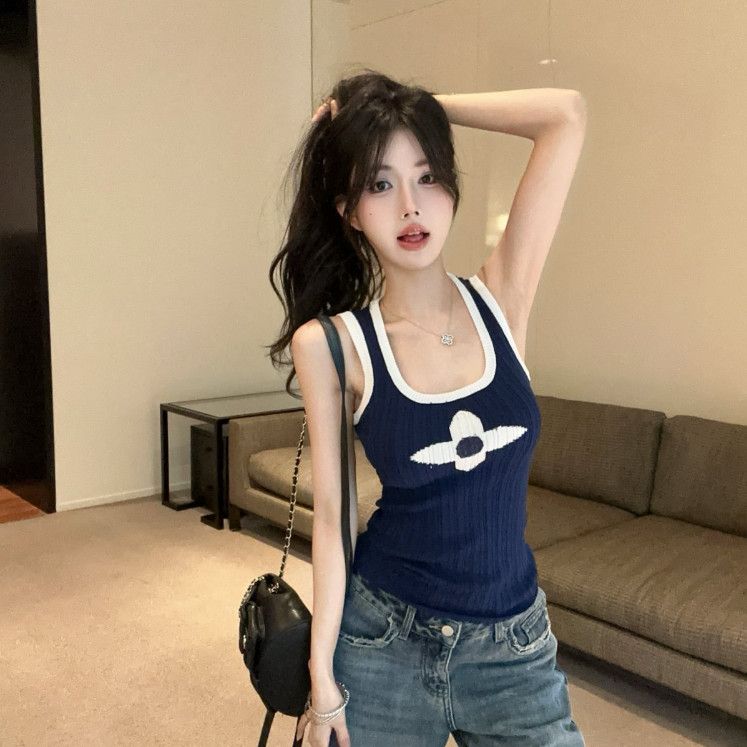 美式辣妹涼感撞色印花顯瘦針織吊帶背心