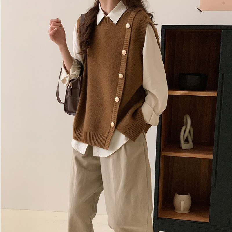 疊穿背心氣質設計感慵懶風側邊金扣針織馬甲