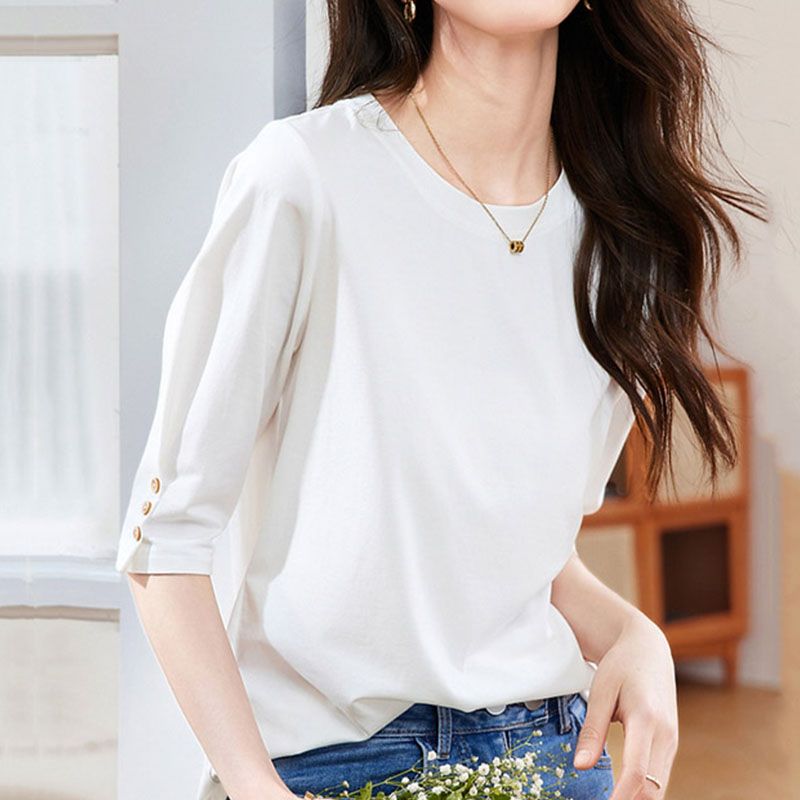 紐扣設計時尚休閒百搭顯瘦圓領七分中袖T恤