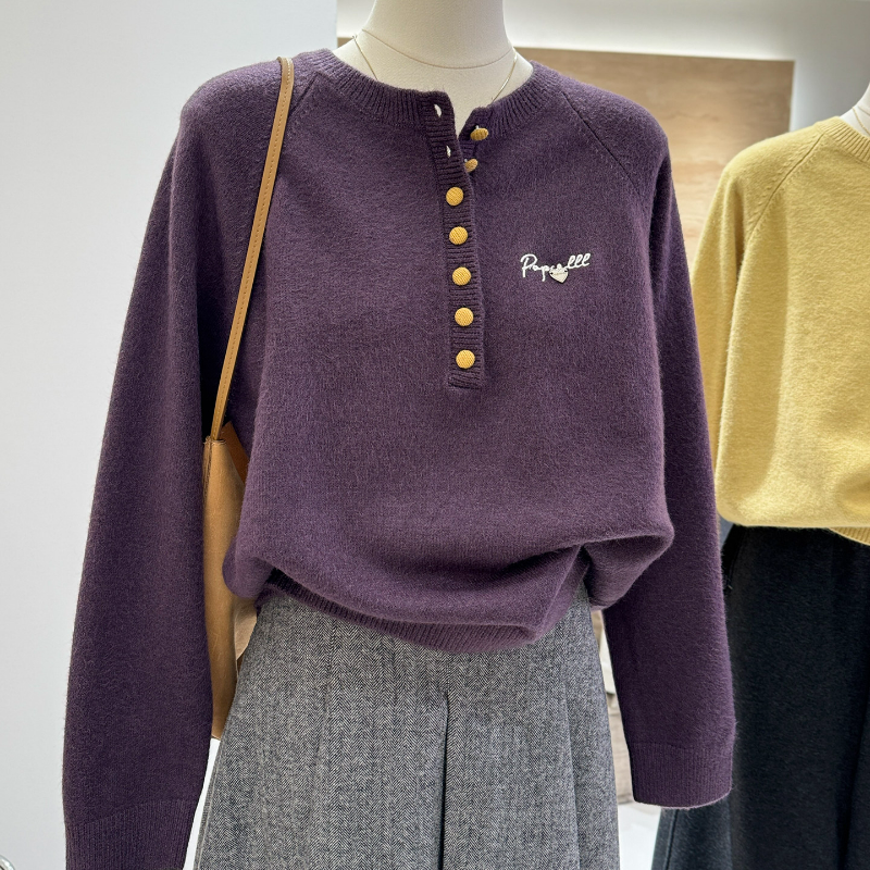 韓系半開領紐扣時尚顯瘦字母刺繡針織毛衣