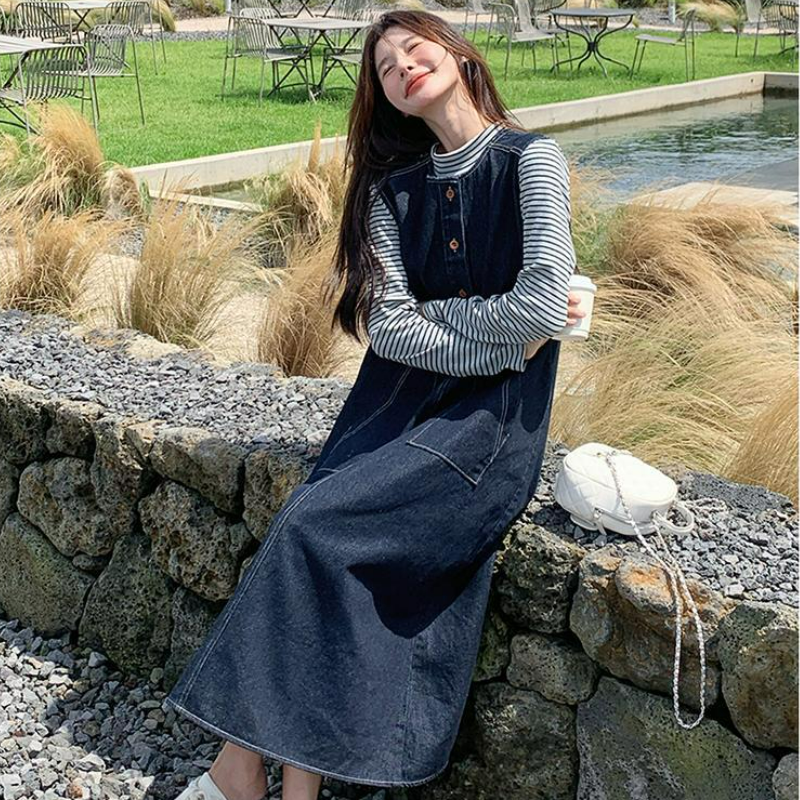 【單件/套裝】韓系條紋顯瘦上衣+復古牛仔背心洋裝兩件套-Cicimode