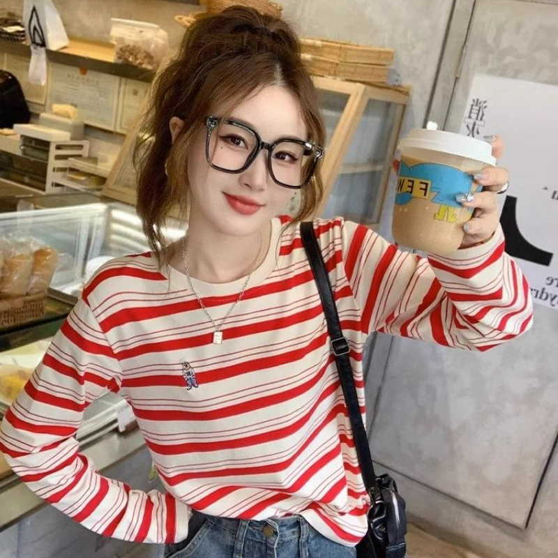 寬鬆休閒大碼百搭撞色條紋純棉長袖t恤