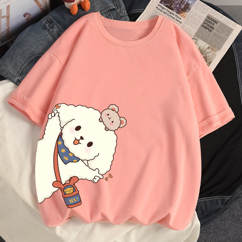 多色純棉可爱印花宽松圆领短袖T恤-Cicimode