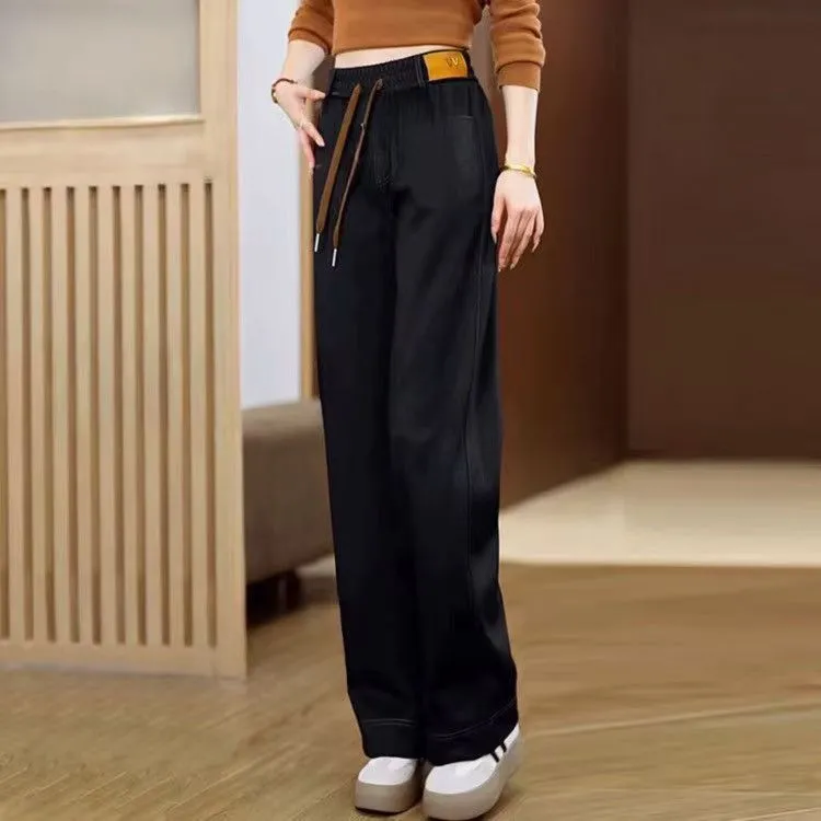 鬆緊高腰寬鬆顯瘦休閒直筒百搭刷毛牛仔褲-Cicimode