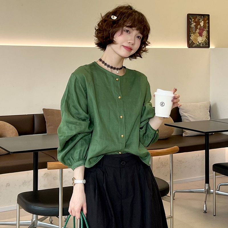 復古高級感氣質百搭圓領休閒寬鬆顯瘦泡泡袖襯衣