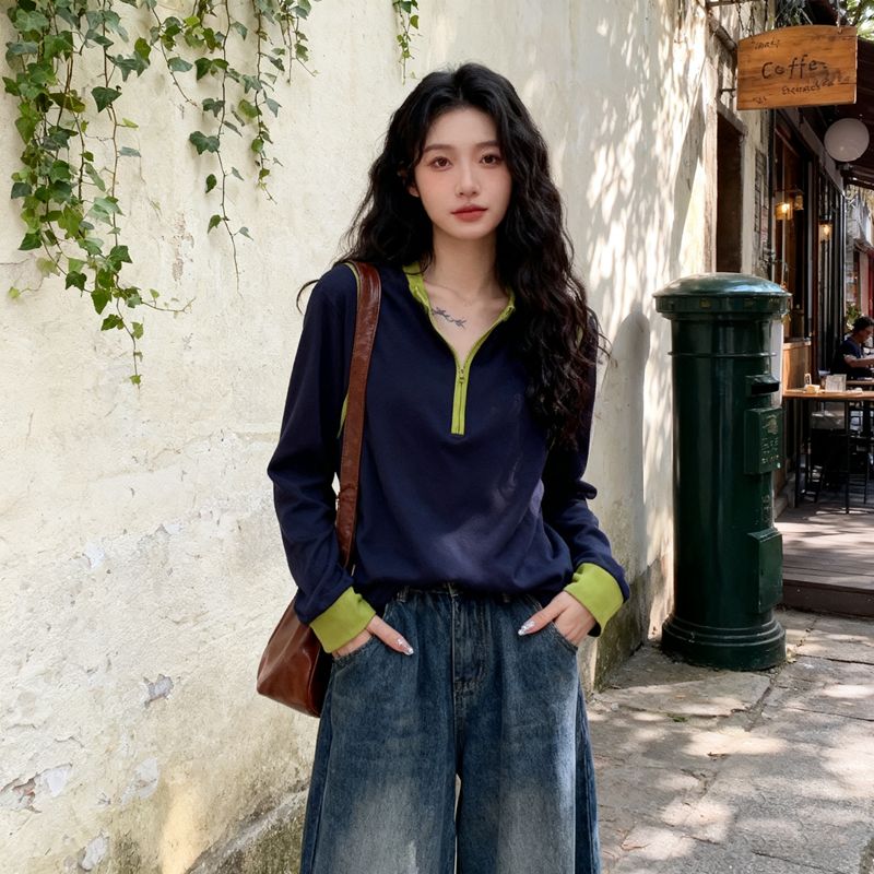 港風遮肉小眾寬鬆半拉鏈顯瘦百搭長袖T恤