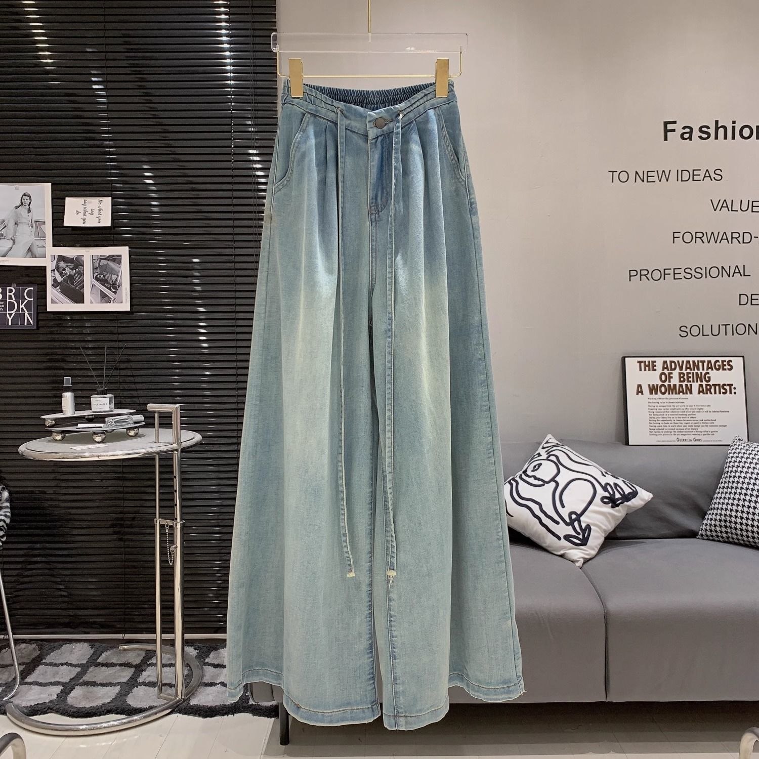 復古水洗抽繩寬鬆高腰做舊垂感牛仔拖地闊腿褲