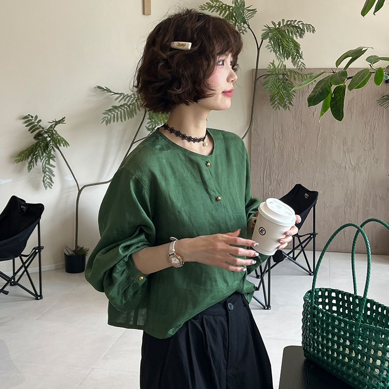 復古高級感氣質百搭圓領休閒寬鬆顯瘦泡泡袖襯衣