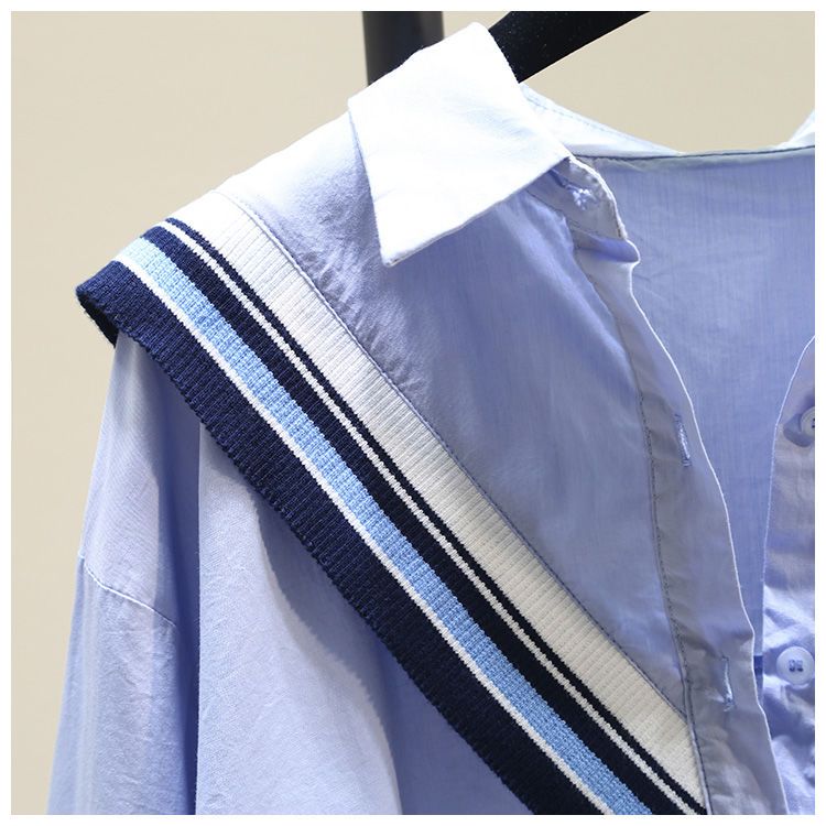 韓版寬鬆休閒針織木耳邊拼接襯衫