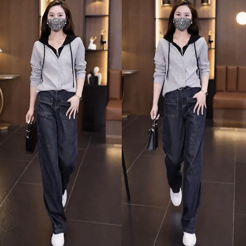 【單件/套裝】時尚高級假兩件連帽T+百搭休閒牛仔褲兩件套裝