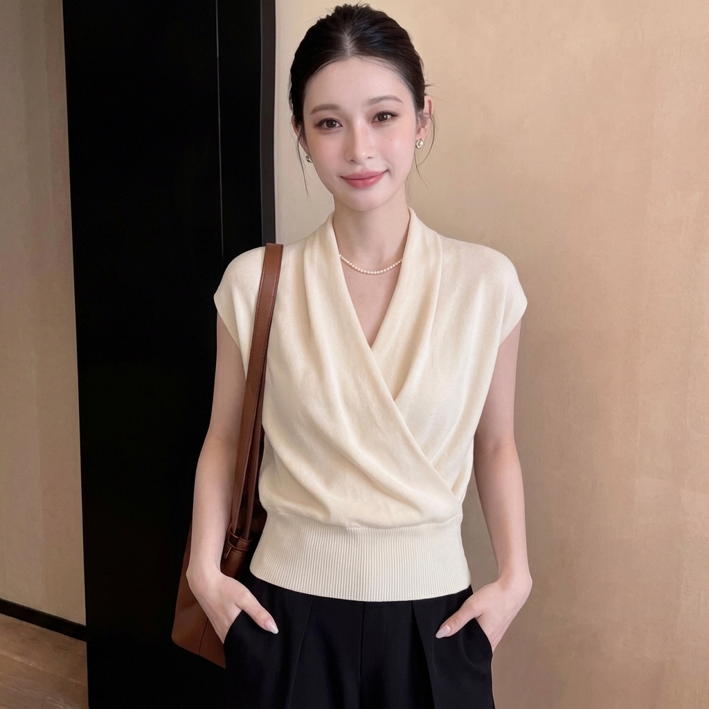 巨好看的韓系交叉V領針織寬鬆收腰顯瘦氣質無袖上衣