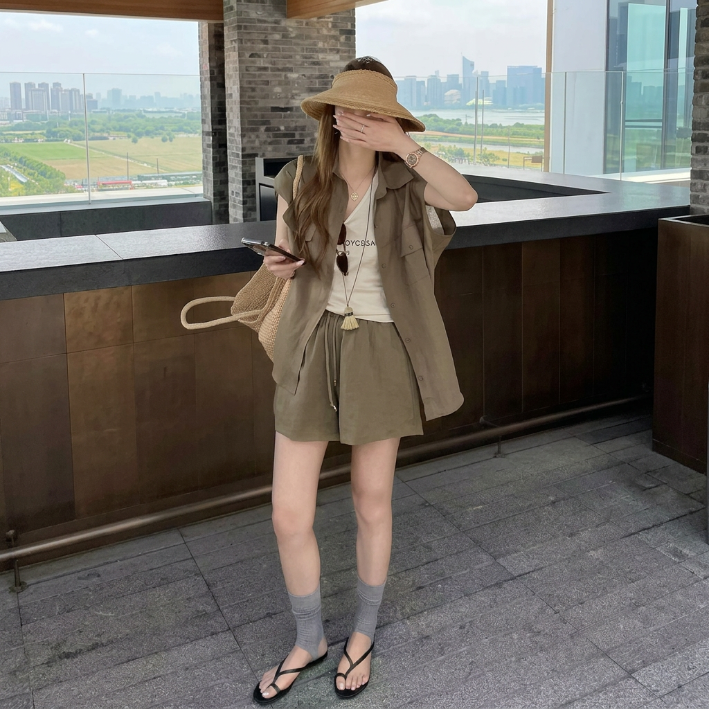 【套裝】輕熟工裝風時尚潮流襯衫+短褲兩件套