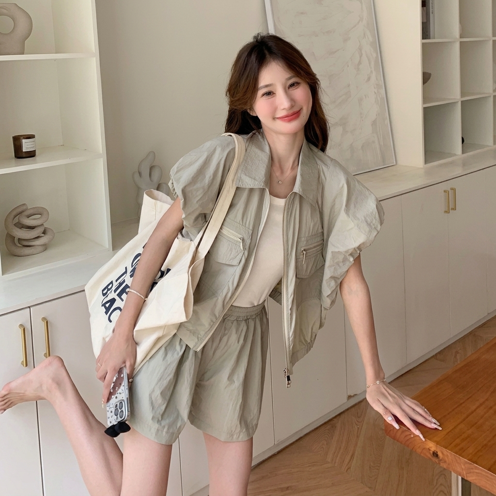 【套裝】減齡時尚洋氣小個子高級感休閒工裝甜酷風襯衫+短褲兩件套