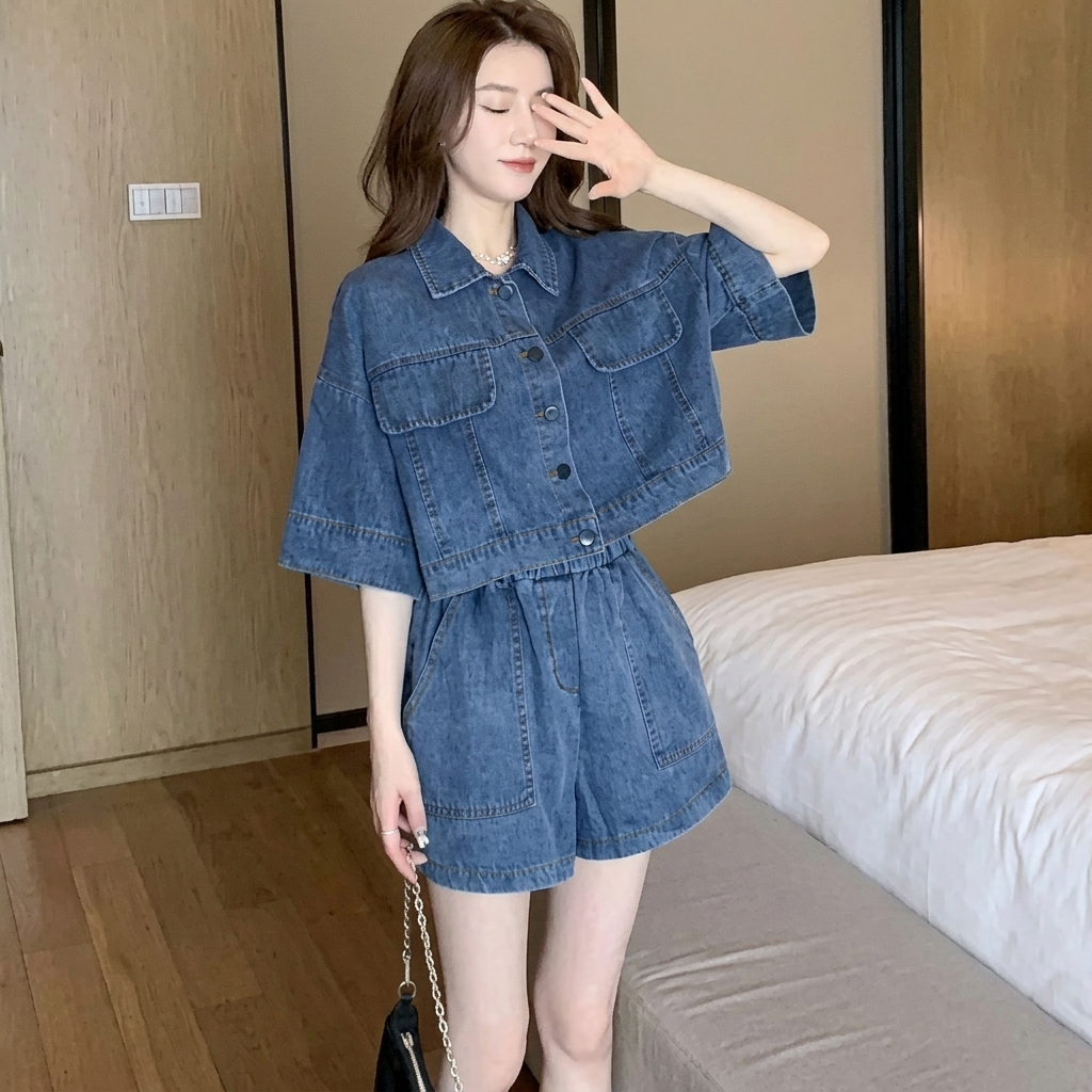 【套裝】韓版時尚百搭洋氣牛仔外套+短褲兩件套
