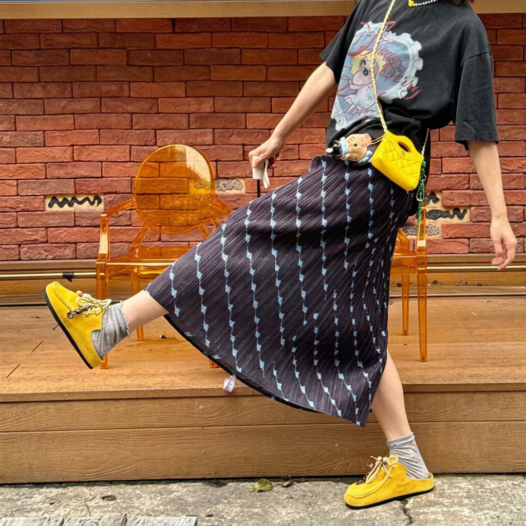 優雅復古印花褶皺百搭休閒半身裙