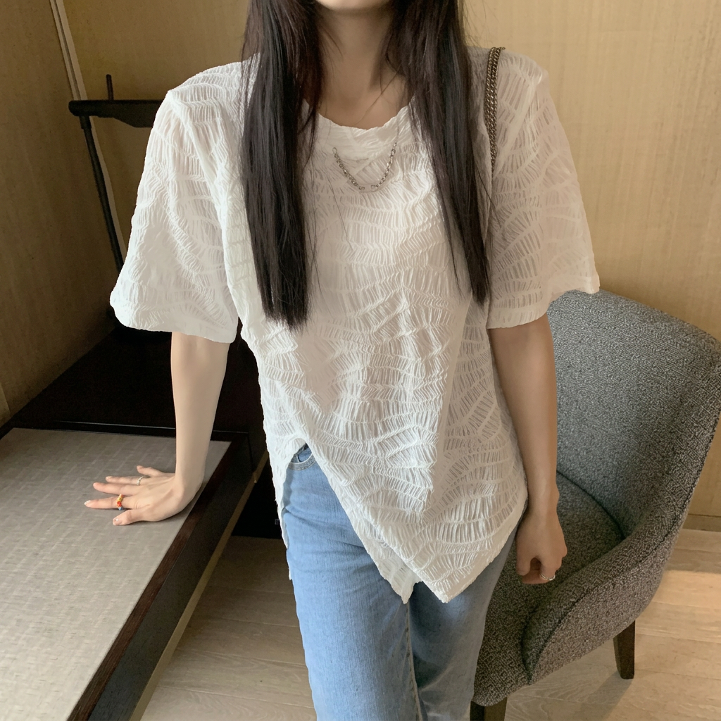 大碼ins設計感小眾不規則開叉寬鬆短袖T恤