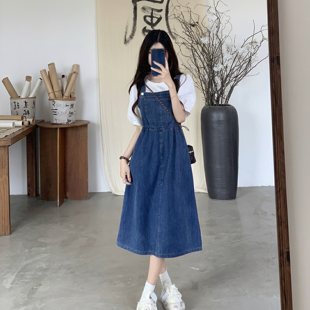 時尚韓版收腰顯瘦寬鬆中長款牛仔背帶洋裝