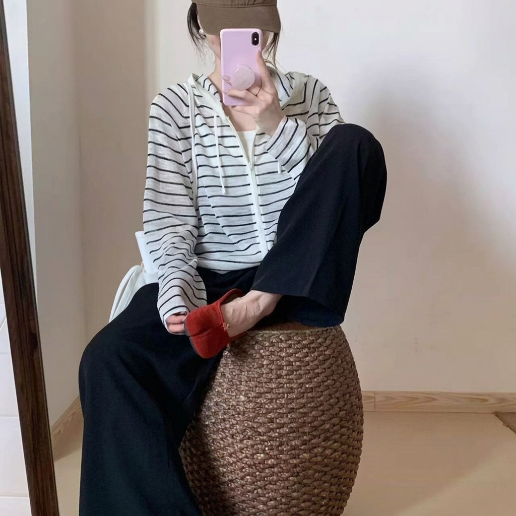 薄款微透休閒撞色條紋寬鬆連帽防曬開衫