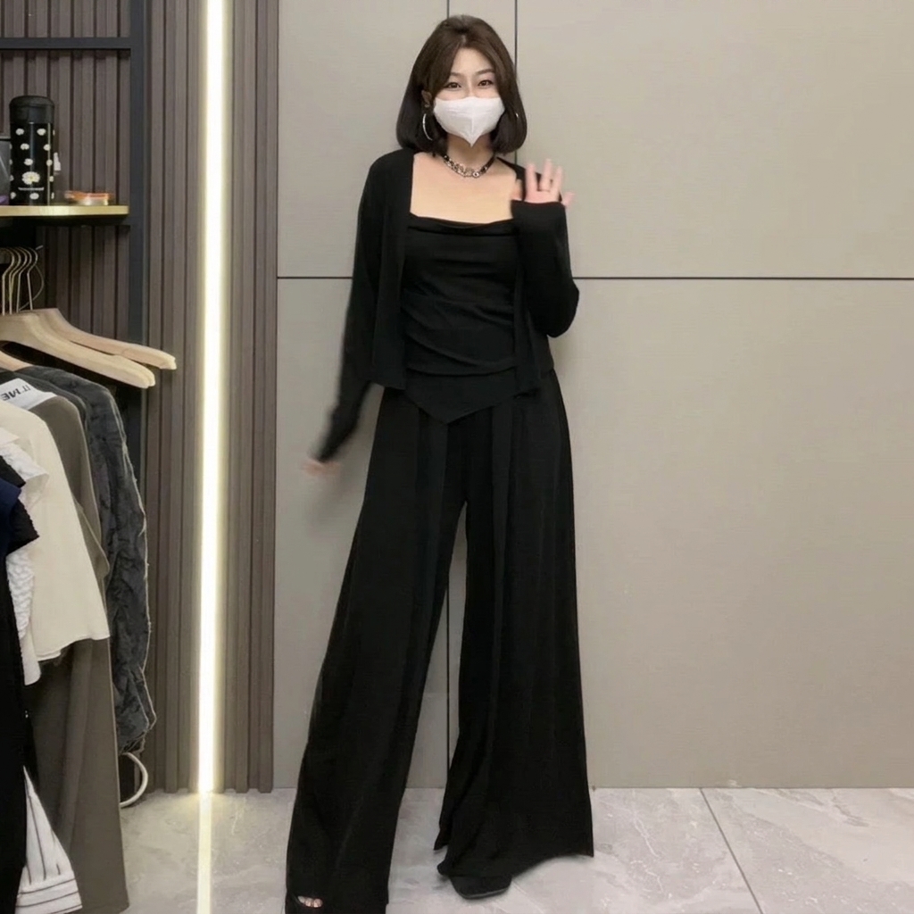 【套裝】顯瘦氣質慵懶休閒不規則吊帶+開衫+垂感闊腿褲三件套