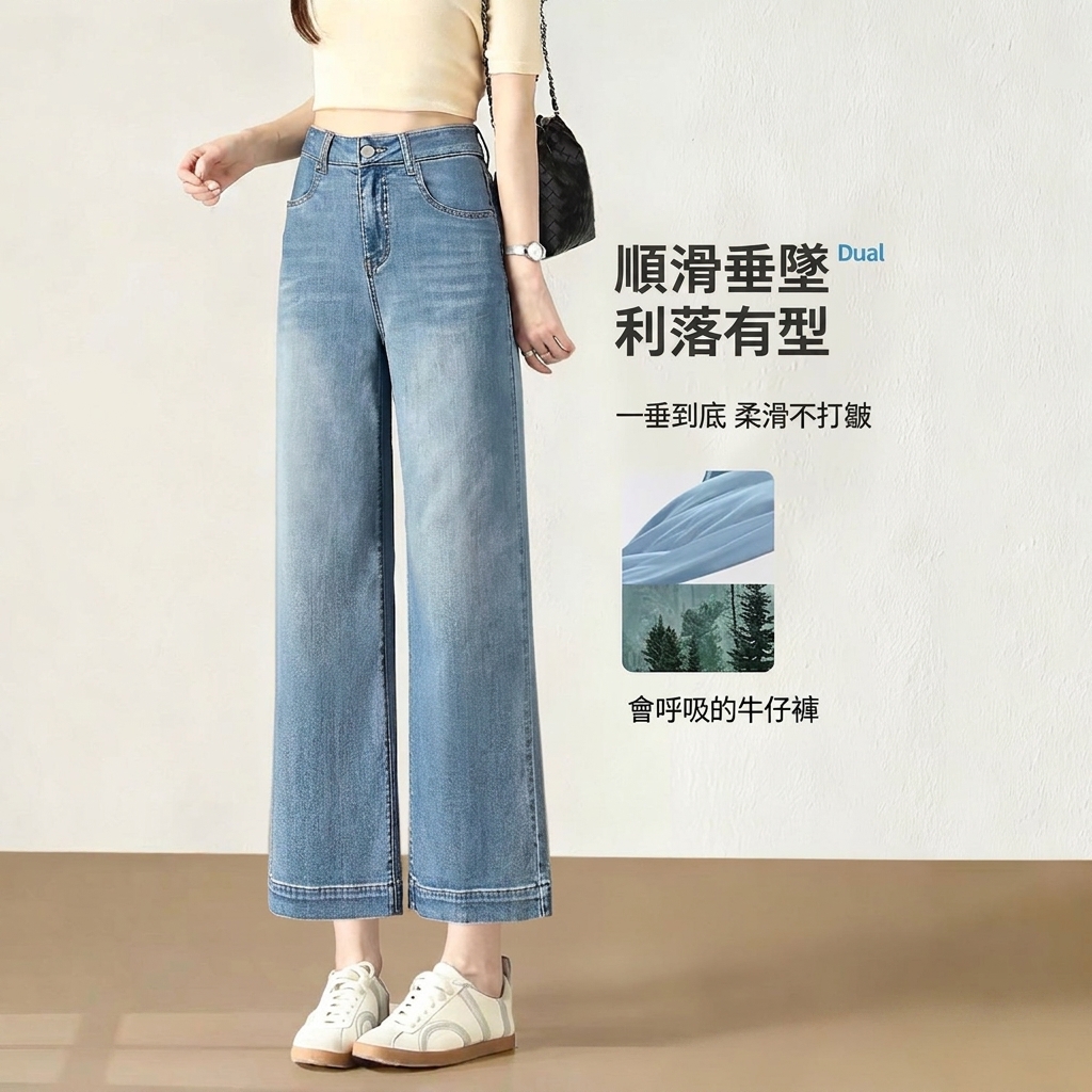 高腰顯瘦小個子窄版闊腿直筒牛仔九分煙管褲