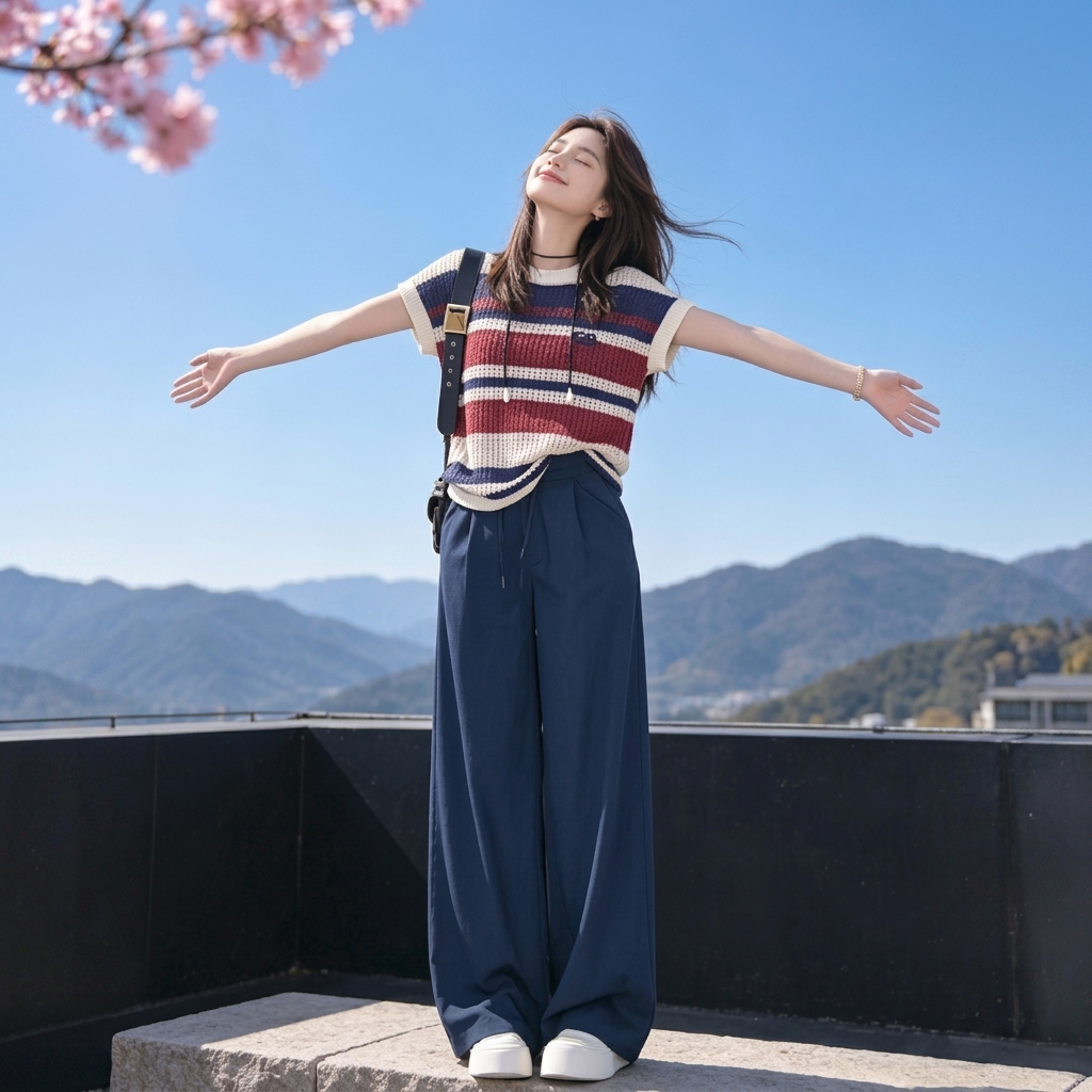 時尚洋氣條紋寬鬆減齡休閒百搭針織短袖