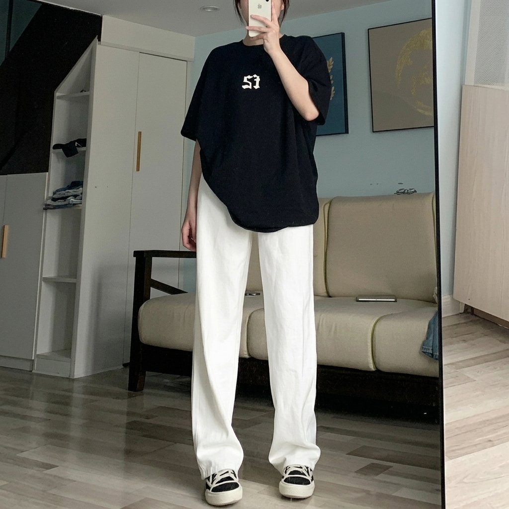 薄款寬鬆顯瘦百搭高腰直筒垂感闊腿牛仔褲