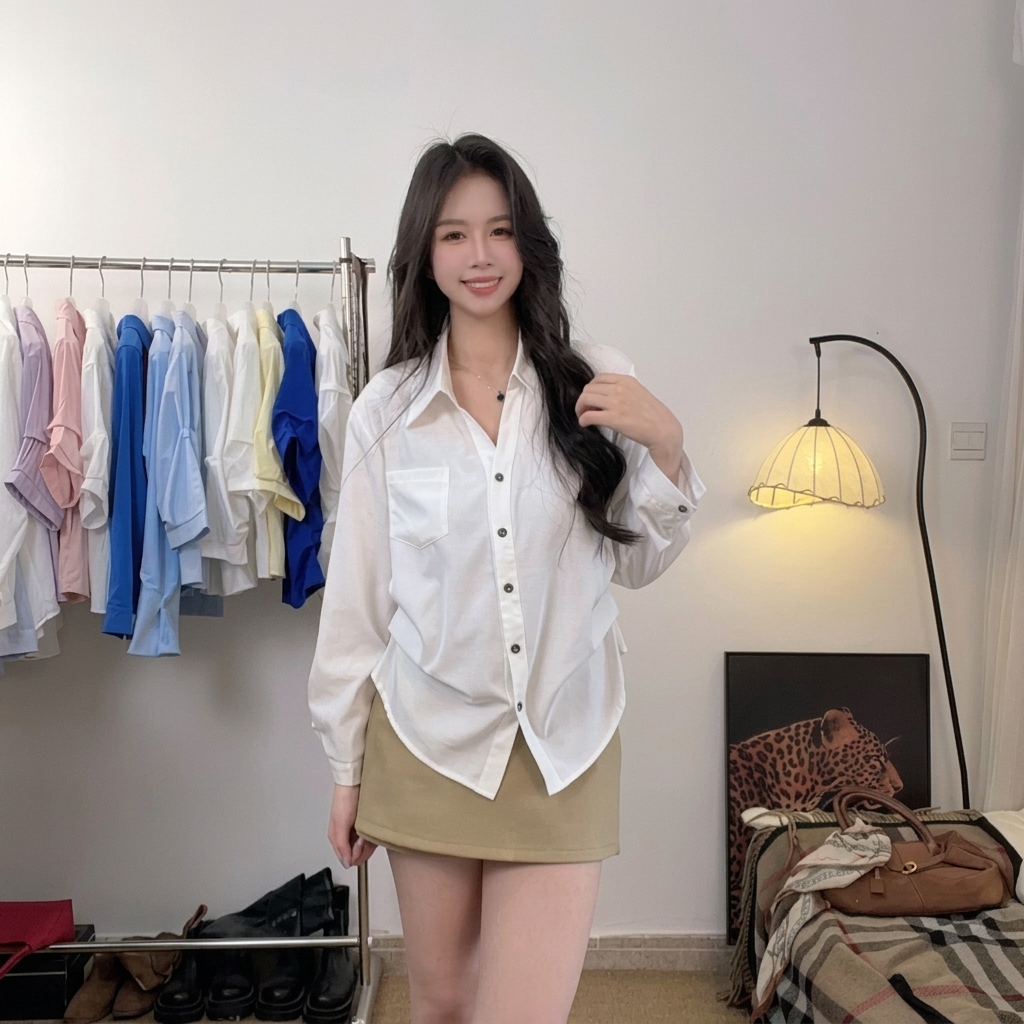 韓系高級V領泡泡袖休閒寬鬆掐腰百搭襯衫