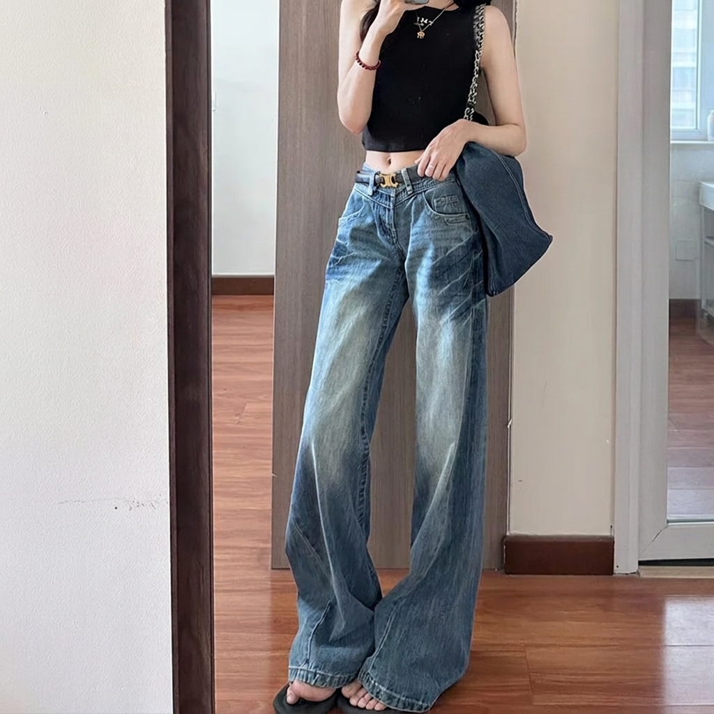 薄款復古水洗藍美式高街辣妹低腰寬鬆直筒拖地褲