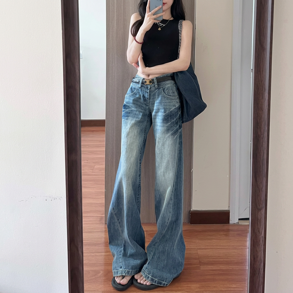 薄款復古水洗藍美式高街辣妹低腰寬鬆直筒拖地褲