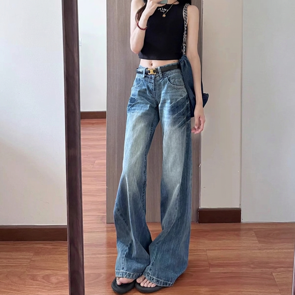 薄款復古水洗藍美式高街辣妹低腰寬鬆直筒拖地褲