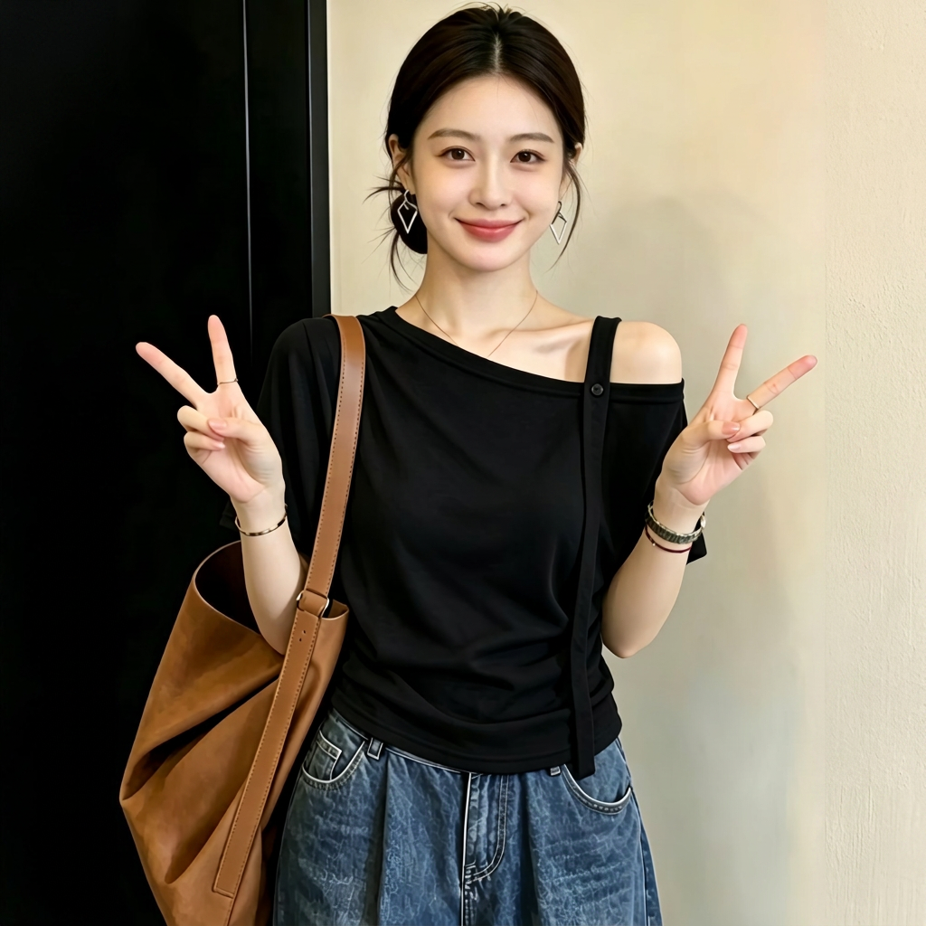 法式斜肩純色修身遮肉氣質百搭設計感短袖T恤