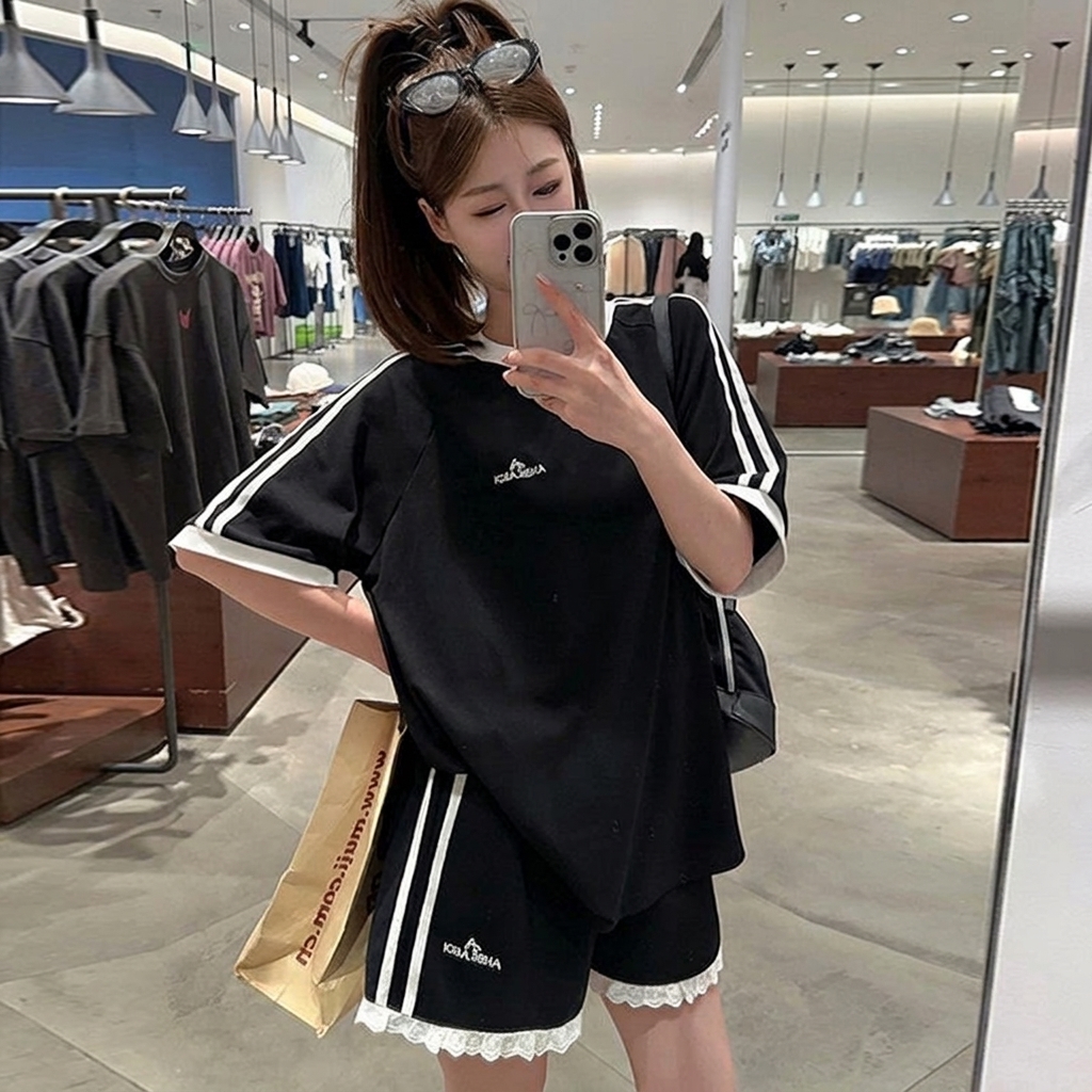 【套裝】時尚休閒運動美式顯瘦短袖+寬鬆韓版短褲兩件套
