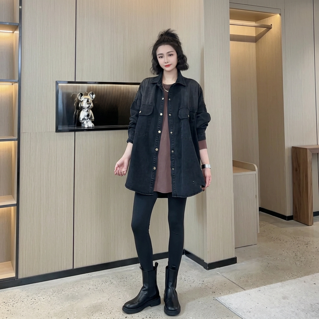 復古漸變牛仔慵懶風設計感寬鬆中長款襯衣外套