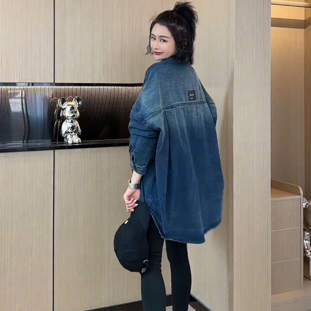 復古漸變牛仔慵懶風設計感寬鬆中長款襯衣外套
