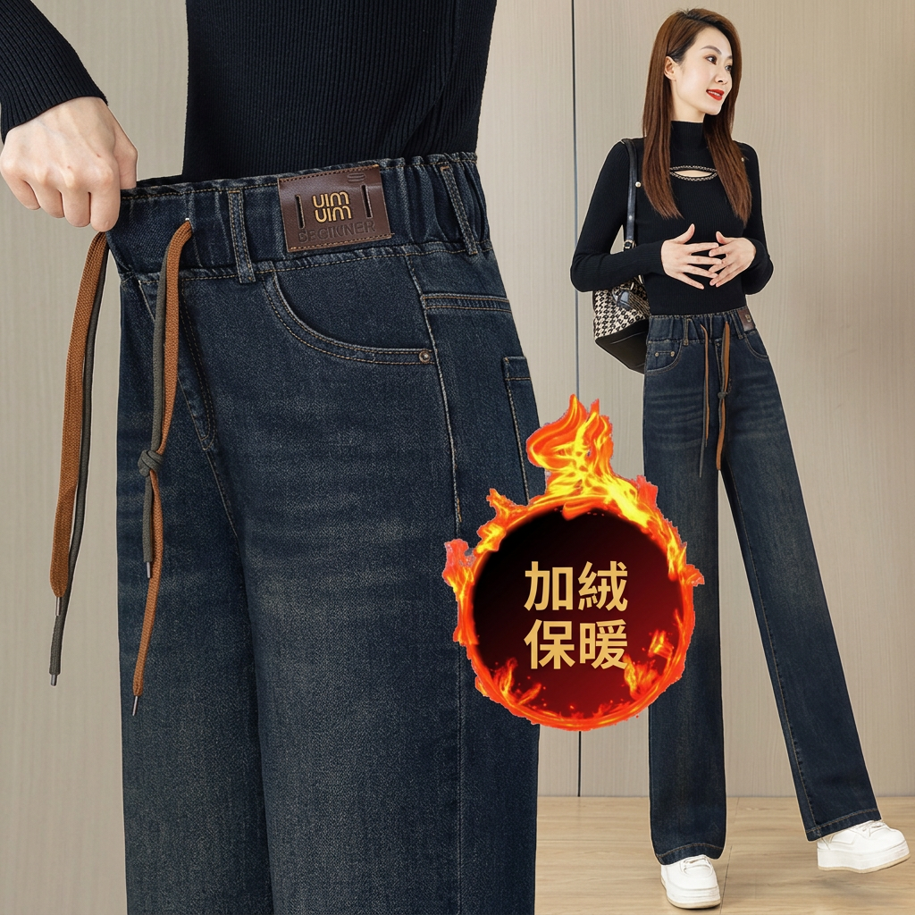 窄版薄款/加絨松緊高腰直筒牛仔闊腿褲