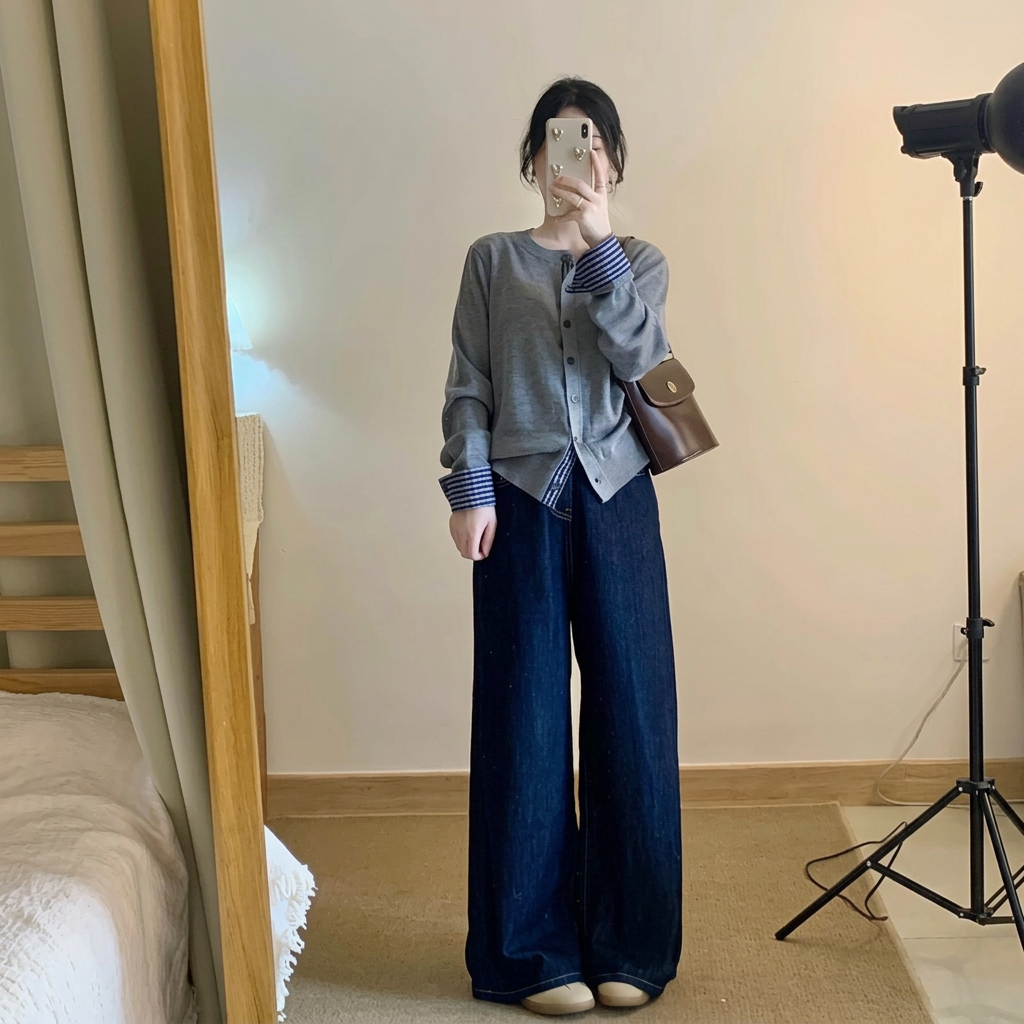 簡約時尚別致顯瘦拼接格子單排扣針織開衫