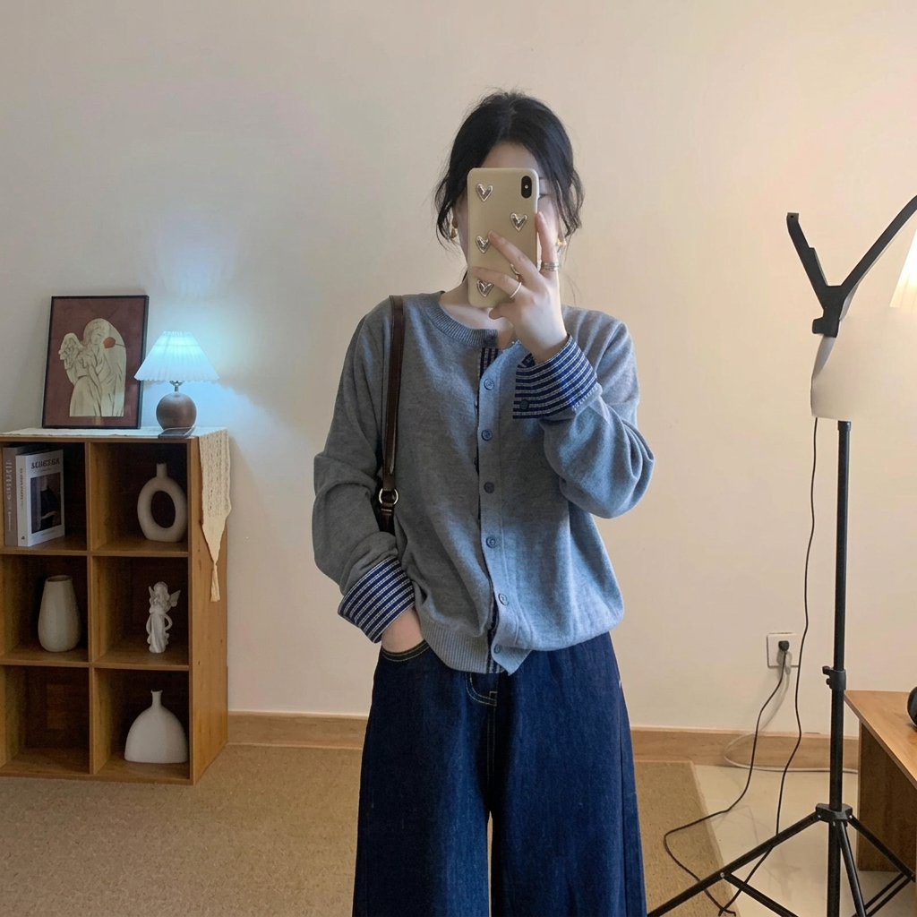 簡約時尚別致顯瘦拼接格子單排扣針織開衫