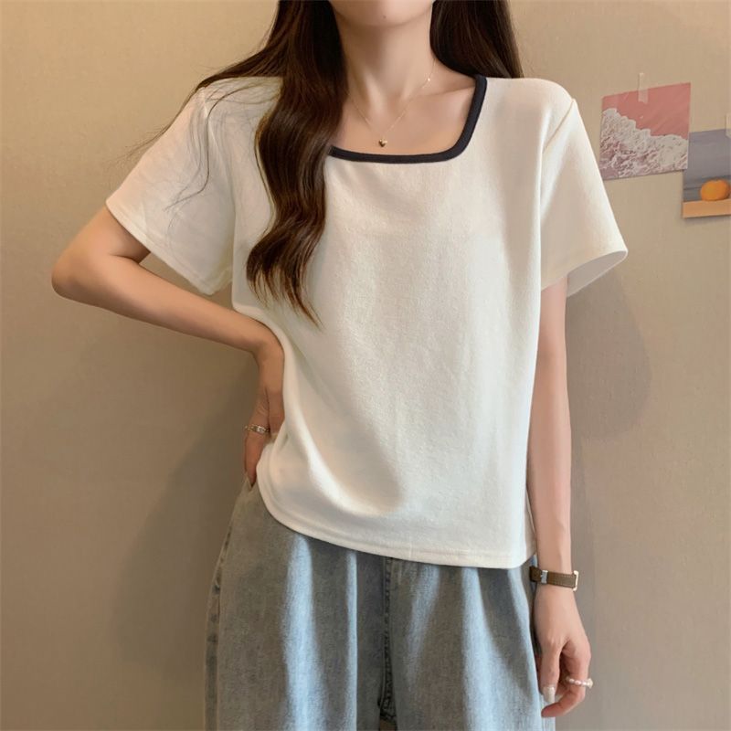寬鬆大碼顯瘦方領洋氣微胖百搭正肩短袖t恤