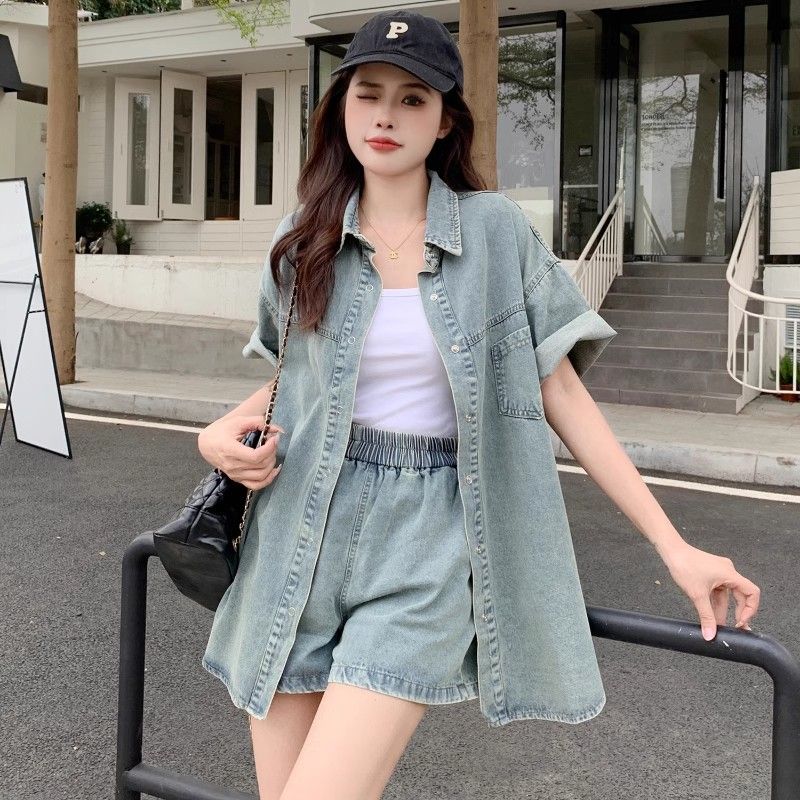 【单件/套装】时尚休闲宽松显瘦牛仔衬衫+松紧腰牛仔短裤两件套装