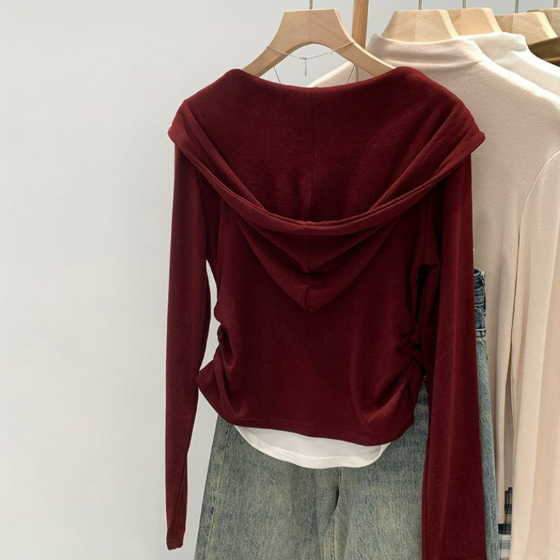 美式辣妹假兩件抽褶顯瘦連帽長袖t恤